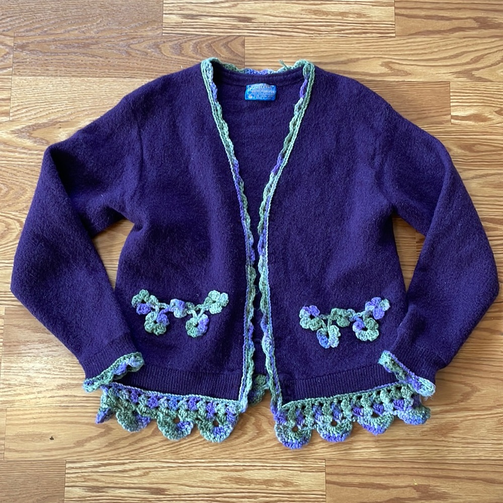 Pendleton Purple Wool Patch Pockets Cardigan w/ Floral Crochet Trim Size Large
